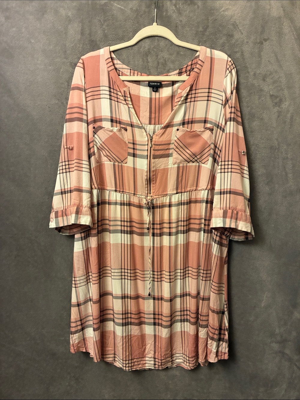 Torrid Rose Pink Plaid Zip-Front Tunic dress. 2X. EUC.